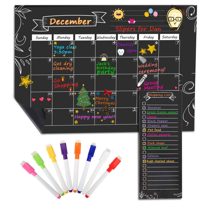 MoKo Magnetic Calendar for Kitchen Refrigerator, 16.73"x12" Dry Erase Monthly Calendar Planner and Grocery Shopping List with 8 Chalk Markers - Black - Image 1